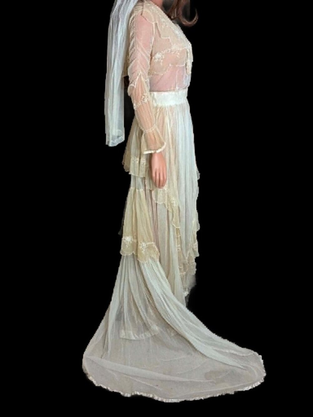 Edwardian Embroidered Net Tulle Wedding Gown with Veil